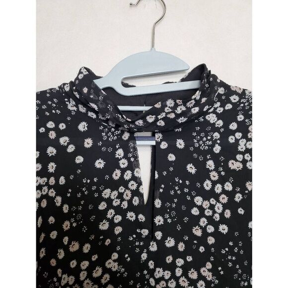 Karl Lagerfeld Paris Floral High Neck Key Hole Balloon Sleeve Semi Sheer Blouse - Picture 2 of 11